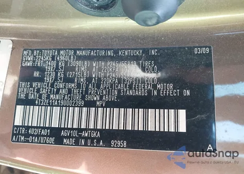 2009 Toyota Venza из США, поврежденный, VIN 4T3ZE11A19U002399